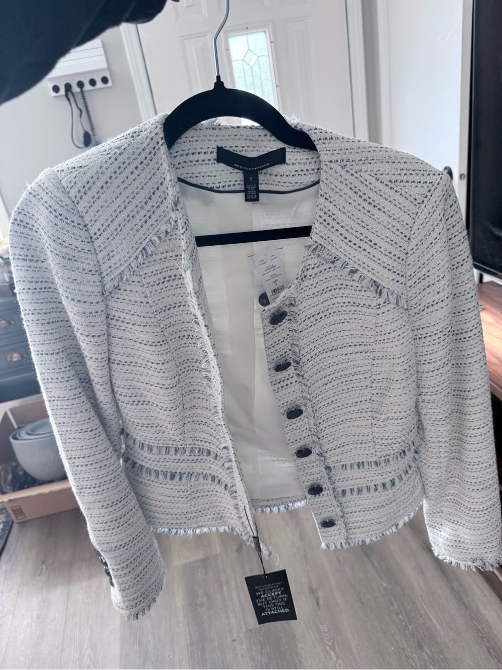 White House Black Market White and Blue Tweed Fringe-Trim Cropped Blazer